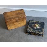 A 19th century olive wood stationary box and a paper mache box. (2)