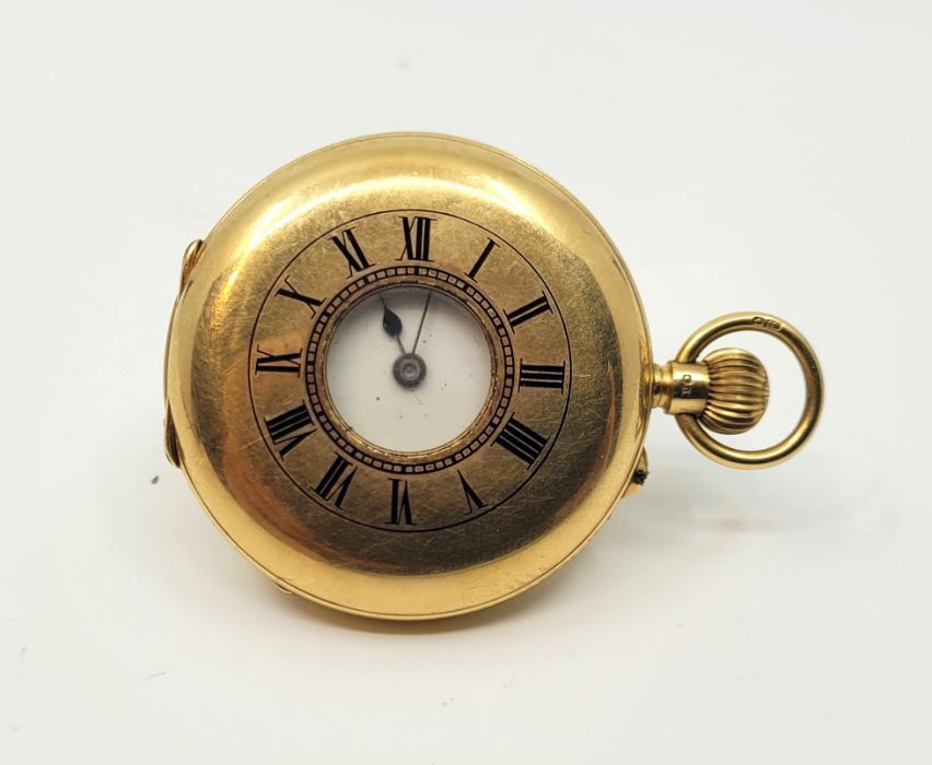 An 18ct. gold half hunter pocket watch, crown wind, having white enamel Roman numeral dial, 38mm - Image 4 of 5