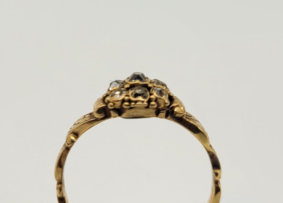 A 19th century precious yellow metal diamond cluster ring, set nine old-cut diamonds with engraved - Image 3 of 3