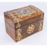 A 19th Century brass bound walnut veneered casket tea caddy, the cover inset with white metal plaque