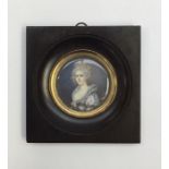 19th century School  Portrait miniature of a young lady, powdered hair, pearl headdress, blue