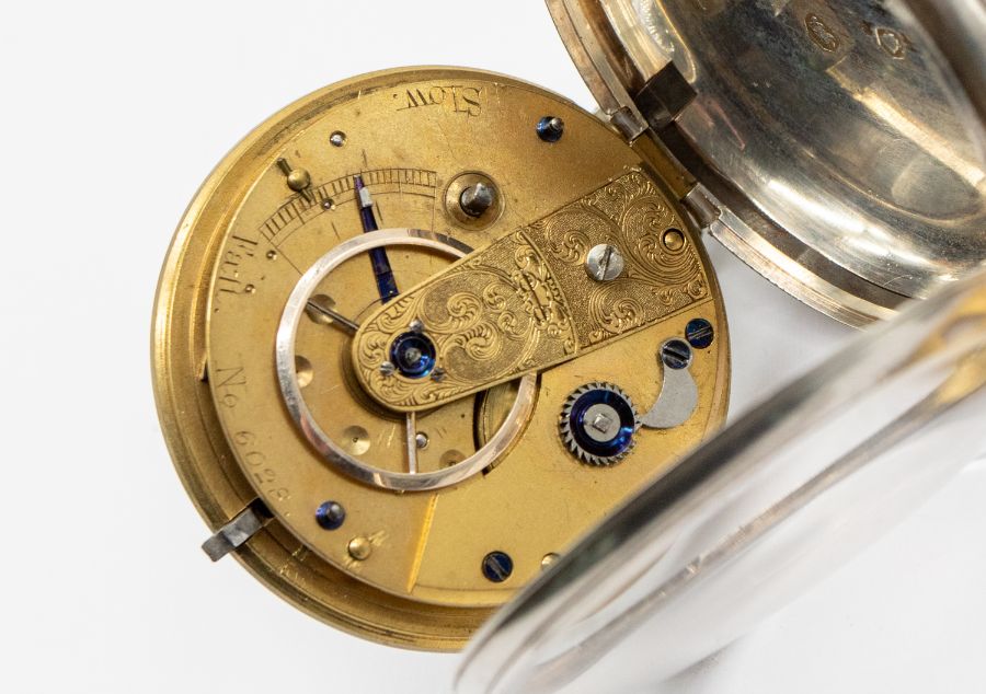 A George IV silver open faced pocket watch, enamel dial with Roman numeral hour markers, - Image 3 of 3