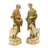 A pair of early 20th Century large Royal Dux figures of a Shepherd and Shepherdess, he with bear