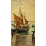 English School (early 20th Century) Fishing boats in harbour with figure with umbrella oil on board,