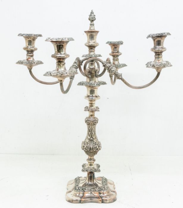 A set of three Victorian large four branch candelabra, detachable branches with reeded stems, - Image 3 of 5