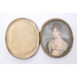 Regency School Portrait miniature of a Lady, wearing chemise dress, lace shawl and stole oval,