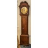 Mullenex Derby 30-hour longcase clock with 13" round brass dial with sad mouth calendar, Roman