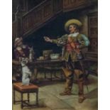 Continental School Cavalier feeding a terrier within interior oil on canvas laid on board, 24.5 x