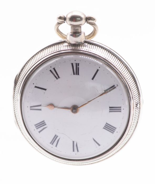 A George III pair case pocket watch by John Gale, comprising a white enamel dial with roman