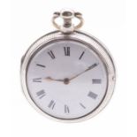 A George III pair case pocket watch by John Gale, comprising a white enamel dial with roman