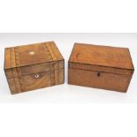 A Victorian vari wood inlaid travelling box, opening to reveal fitted interior, secret side