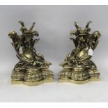 19th century pair of  heavy gauge neo-classical brass andirons. Bowed front with acanthus leaf