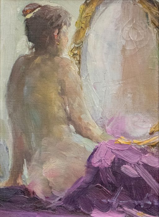 Adgamov Rashcit (Russian, b.1951) Model (nude study) oil on canvas, 26 x 19cm  titled and signed