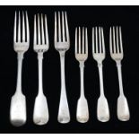 A collection of fiddle pattern silver forks to include; a trio of London, 1830, William Chawner