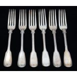A set of six William IV fiddle and thread pattern silver table forks, all engraved with initials H.
