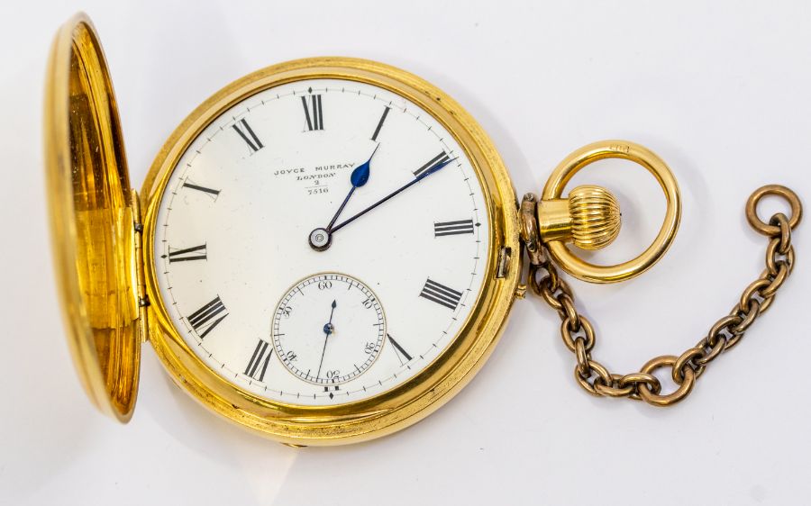 An early 20th century 18ct gold hunter pocket watch, white enamel dial signed Joyce Murray London