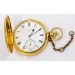 An early 20th century 18ct gold hunter pocket watch, white enamel dial signed Joyce Murray London