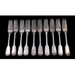 A collection of ten Victorian fiddle pattern silver dessert forks, all hallmarked by Samuel Hayne