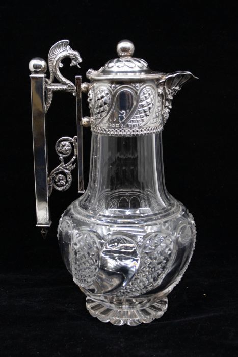 A Victorian silver mounted cut glass claret jug, the silver collar chased with fluted hob nail - Image 2 of 3