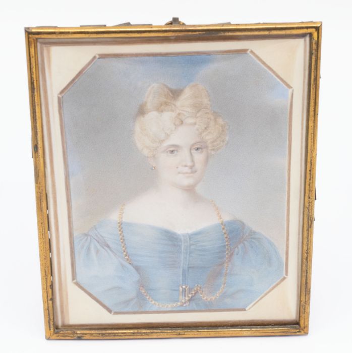 19th Century School Portrait miniature of a Lady wearing blue dress, long chain gold necklace,
