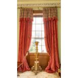 Two pairs of Georgian style full length red velvet, backed curtains