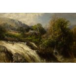 James S Gresley (1829-1908) River landscape with waterfall and cottages beyond oil on canvas, 39 x