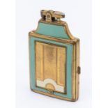An Art Deco gilt metal and jade green enamel Ronson Dureum combination lighter, cigarette case and