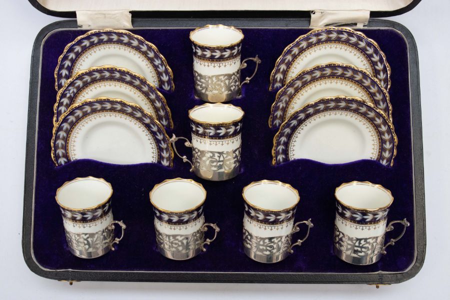 A set of six George VI silver mounted Aynsley china coffee cans with matching saucers, pattern no: - Image 2 of 5