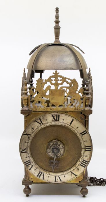 Lantern clock inscribed John Harford Bath with alarm. With 6 2/8" dial, alarm disc and single
