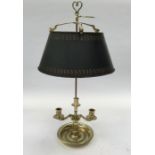 French Empire style Bouillote lamp. 3 branch with cast foliage detail, drip trays and sconces.