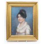 Regency School Portrait of a Lady wearing chemise dress and black hairband pastel, 23 x 17cm, framed