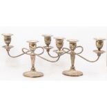 A pair of Modern Neo-Classical style candelabrum, beaded detachable drip pans, reeded branches,