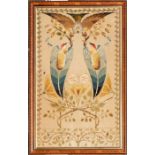 A large Arts & Crafts embroidered panel with pastel colours depicting stylised Dove above Birds of