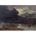 19th Century Figures ice skating at dusk, with rowing boat and figure on shore oil on board, 26.5