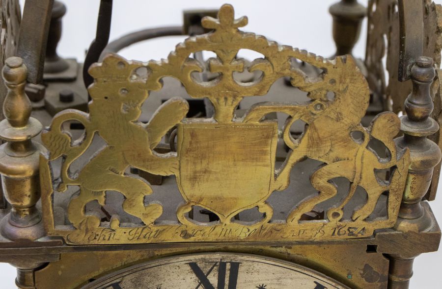 Lantern clock inscribed John Harford Bath with alarm. With 6 2/8" dial, alarm disc and single - Image 4 of 4