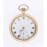 An early 20th century open faced yellow metal pocket watch, comprising a white enamel dial with