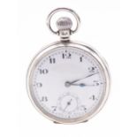 Rolex- an Art Deco  silver cased open faced pocket watch comprising a white enamel dial with black