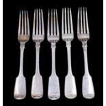 A set of five William IV silver fiddle pattern table forks, each reverse handle engraved with