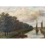 French School (late 19th Century) Tree lined estuary scene with figure in boat and boats beyond