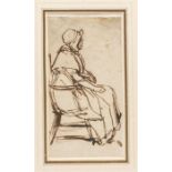 School of Rembrandt Harmensz van Rijn (1606-169) Seated Lady brown ink on paper, 9 x 5cm, framed,