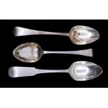 A collection of three George III silver table spoons, all engraved with initials, makers to include: