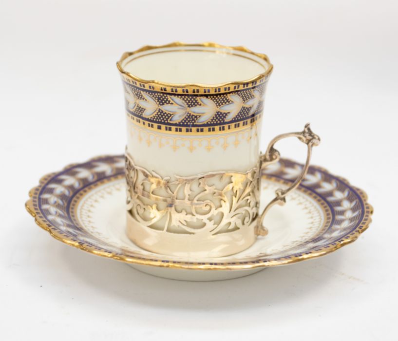 A set of six George VI silver mounted Aynsley china coffee cans with matching saucers, pattern no: - Image 4 of 5