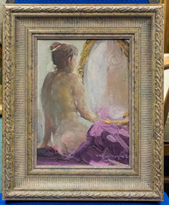 Adgamov Rashcit (Russian, b.1951) Model (nude study) oil on canvas, 26 x 19cm  titled and signed - Image 2 of 3