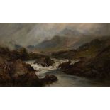 James S Gresley (1829-1908) Highland stormy scene with gushing river, fleeing sheep and shepherds