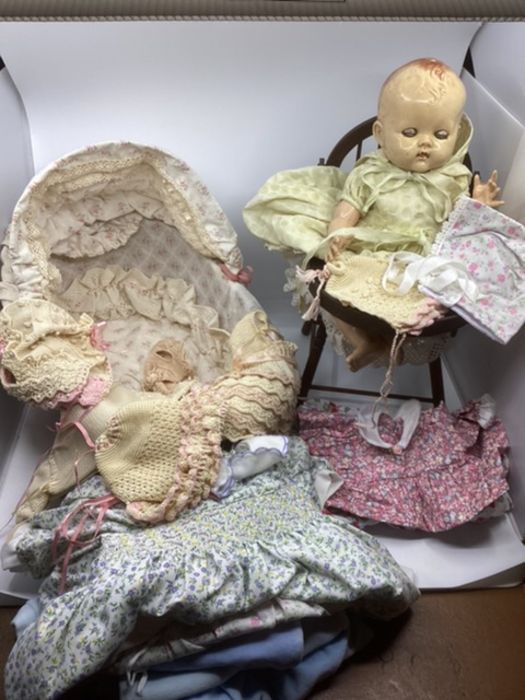 Vintage dolls cradle high chair, pedigree doll and lots of knitted baby doll clothes and velour baby - Image 2 of 5