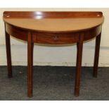 A George III mahogany and strung demi-lune table, fitted with a frieze drawer, on inner chamfered