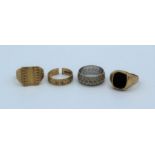 Four 9ct gold rings, comprising two textured band rings and two signet rings. Gross weight