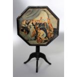 A 19th century ebonised tripod table, the octagonal snap top decorated with Salome and the Head of