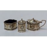 Francis Howard Ltd, a silver three piece condiment, comprising lidded mustard, pepper and an open