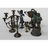 A small quantity of EPNS and other metalwares, including cast figures, candlesticks, menorah and